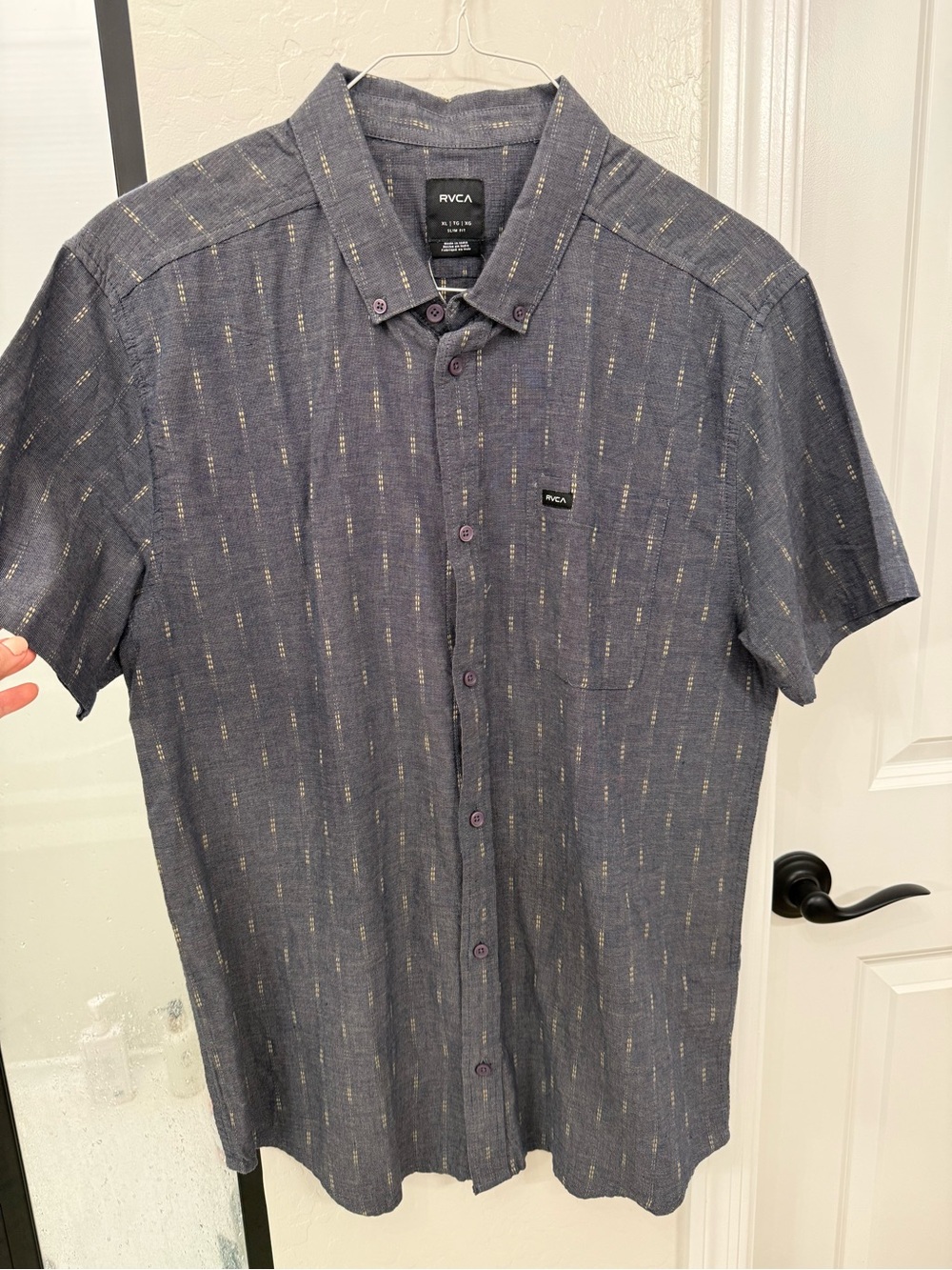 RVCA Navy Short-Sleeve Button-Up Shirt with Subtle Stripe